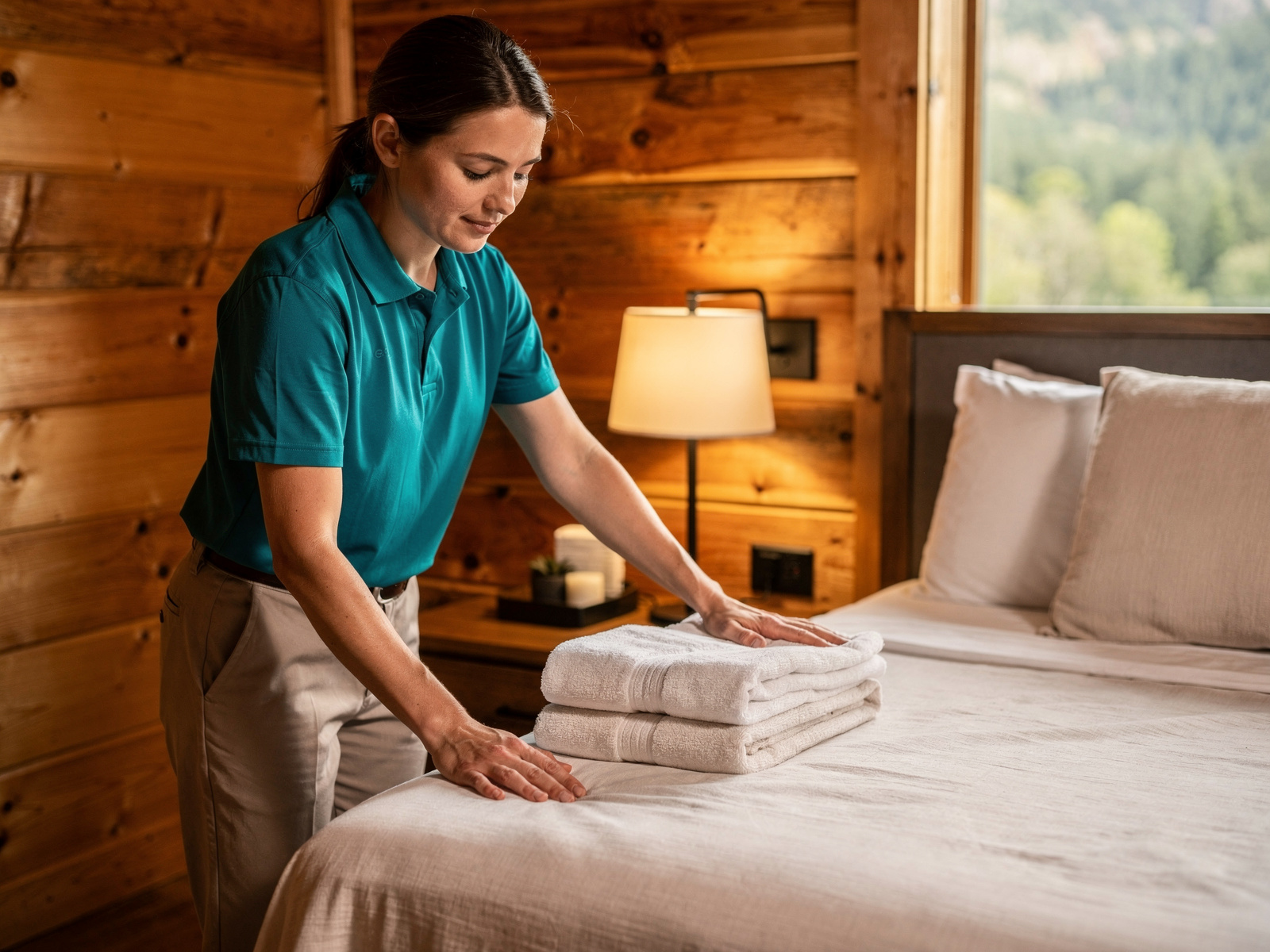 Vacation rental professional preparing a Smoky Mountains cabin for incoming guests